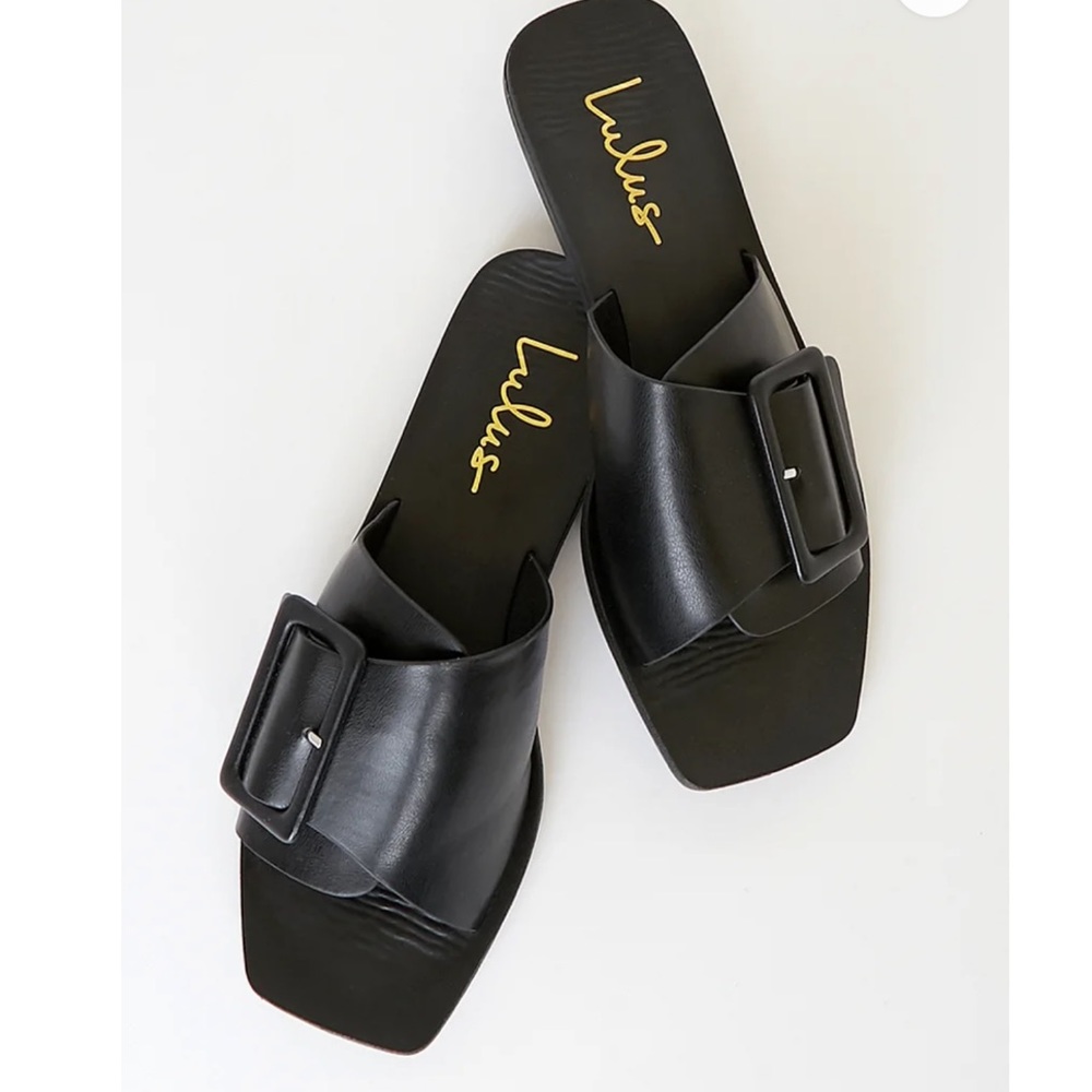 Lulus  Earleena Black Buckled Slide Sandals Summer Shoes